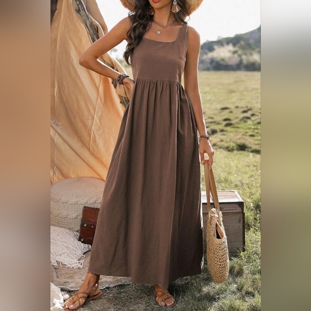 NEW Textured Cotton Cami Tank Maxi Dress Brown